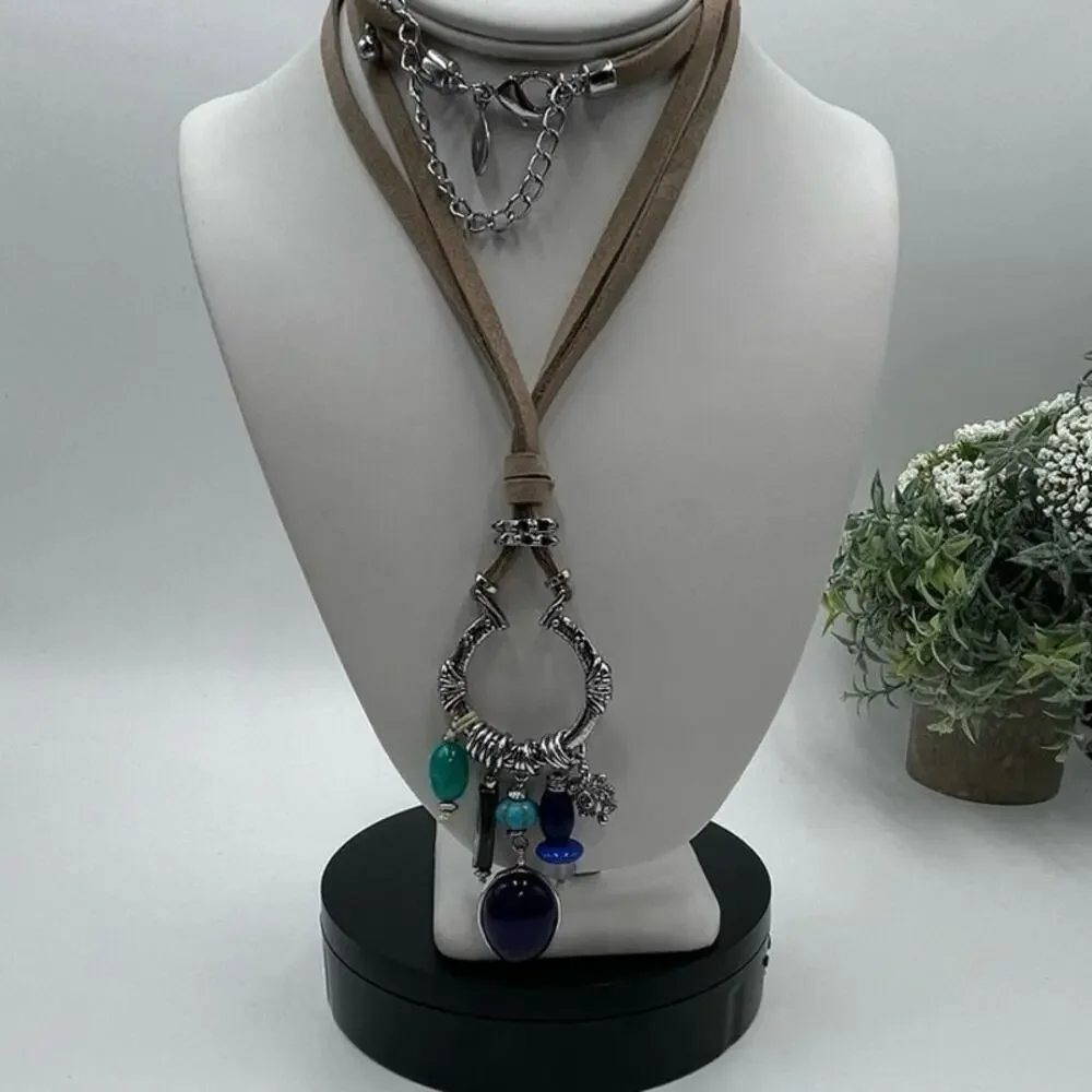 Chicos Silver Toned Blue Abalone Shell Green Beads Tan Suede‎ Necklace